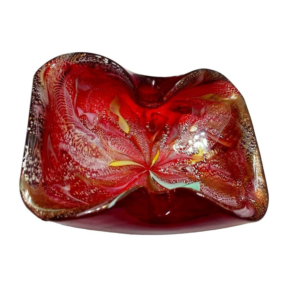 Vintage MCM Murano Red Glass Ashtray, AVEM Italy Tutti Frutti Dish, Italian Art